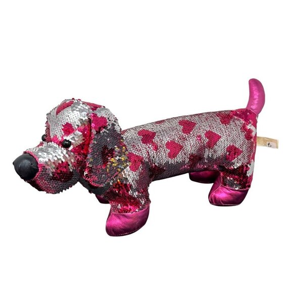 Valentine Weiner Dachshund Dog Sequin Pink Silver Hearts Reverse 18in Toy Plush - Picture 2 of 16